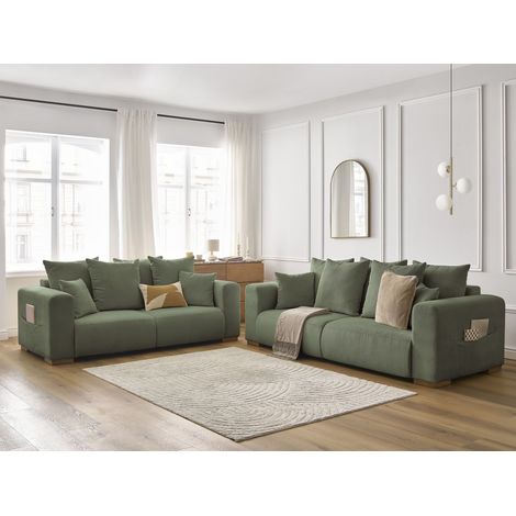 Bobochic – Canapé droit fixe 3 places velours côtelé vert – Confort équilibré – Dimensions 208x100x84cm – 6 coussins inclus – Fabrication Europe (1/5)