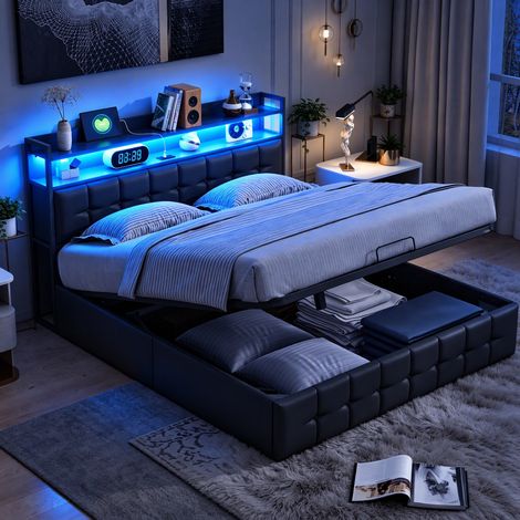 JOOKGBD-Lit Coffre 140x190 cm avec LED et Port USB,Lit Double Rembourré 140x190 cm avec Sommier et Rangement et Tête de lit,lit adolescent,pour Adulte Adolescent,PU,Noir (1/5)
