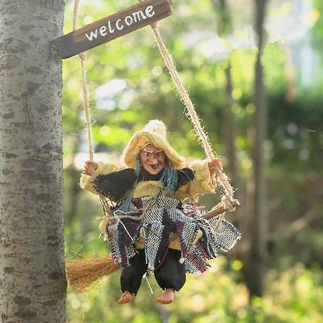 Muñeca colgante animada de bruja en escoba para decoración de Halloween, ideal para casas embrujadas, bares, restaurantes, interiores y exteriores. (1/5)