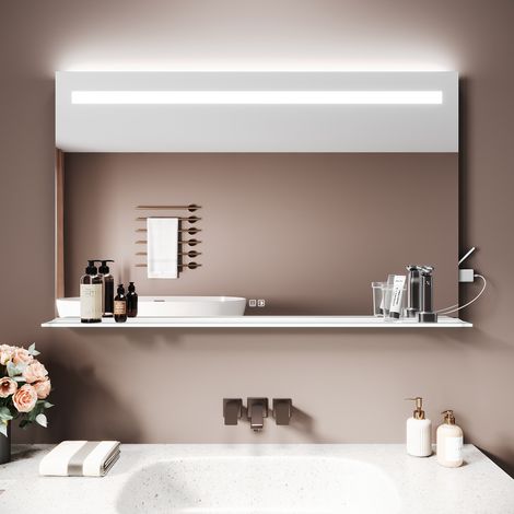 SIRHONA Miroir lumineux de salle de bain - Miroir LED avec Étagère Lumineuse, Anti-Buée, 3 Températures de Couleur Réglables, Prise Intégrée, 140x85 cm