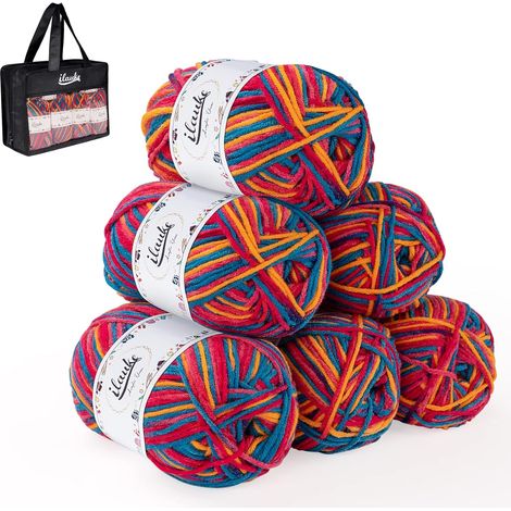 Set di 6 gomitoli di filato per uncinetto, 6 x 50 g di filo per uncinetto con sacchetto per il trasporto per principianti, 6 x 100 m di filato acrilico per progetti fai da te