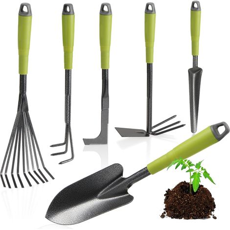 Kit 6 outils jardinage robustes, manche caoutchouc souple, pelle râteau houe 2-en-1 désherbeur, cadeau jardinage hommes femmes (1/5)