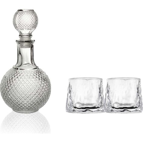 SET BOTTIGLIA SFERA IN VETRO DA 1 LITRO CON 2 BICCHIERI DA LIQUORE ROYAL CAPIENZA 150 ML