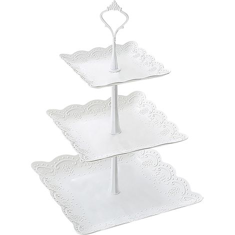 Plateau de service blanc en plastique 3 étages, présentoir à gâteaux et desserts, plateau à fruits carré 3 couches (1/5)
