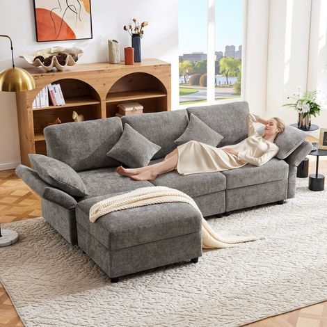 Canapé d'angle 3 Places en L avec Repose-pieds,Convertible en lit,Accoudoirs réglables,Tissu en chenille,idéal pour salon,Gris (1/5)