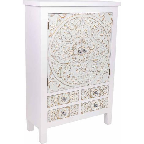 Armoire blanche en bois avec motif sculpté et rangements - blanc patiné motifs dorés sculptés (1/5)