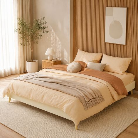 Cama de tela y metal beige 160x200 cm, base de cama de estilo moderno, montaje rápido (1/5)