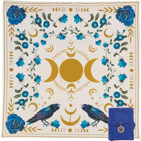 Nappe de table en velours avec pendentif de sorcière et corbeau - Motif phases de la lune - 30 x 30 cm - Pour lire des cartes, cristaux, rituels spirituels (1/5)