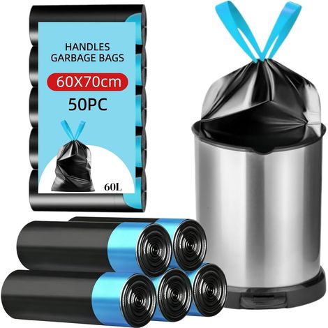 Sacs-Poubelle,50pcs Sacss-Poubelles à Lien Coulissant,Sacs Poubelle Noirs,Grands Sacs Poubelle,Sac Poubelles avec Coulisse,Sacss Poubelle Étanches,Avec Cordon de Serrage et Poignée de Transport,60L (1/5)