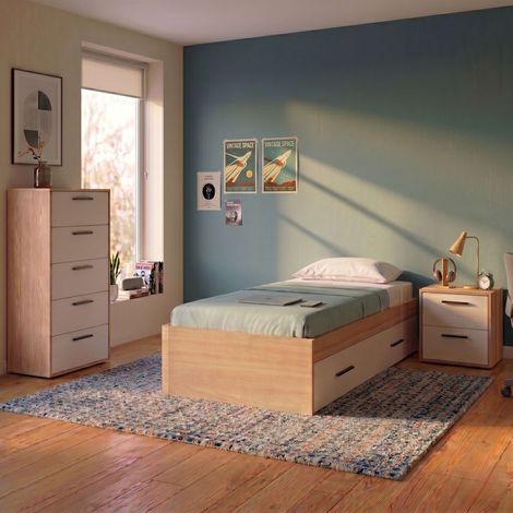 Pack Muebles Dormitorio Juvenil (Cama Nido 90x190 + Mesita de Noche + Sinfonier) Roble Cambrian y Blanco Mate