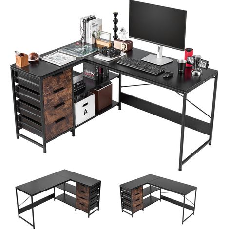 VEVOR Bureau Gaming Angle 150 cm Bureau en L Reversible Table deOrdinateur PC pour Bureaux a Domicile Travailler Etudier Jouer, Grand Espace de Travail avec Tiroirs et Etageres de Rangement, Moderne (1/5)