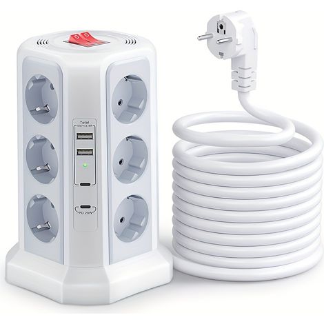 Multiprise Multi-fonction EU – 12 Prises, USB-A/C PD 20W. Modèle (Gris/Blanc Alt).