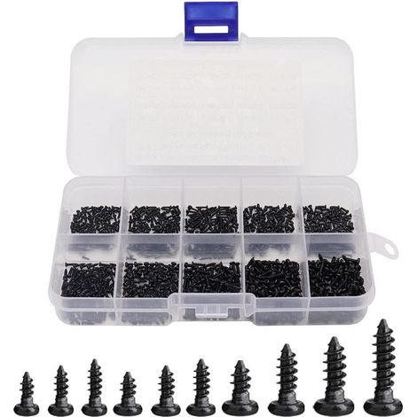 1000 Stück Mini-Rundkopf-selbstschneidende Kreuzschlitz-Holzschrauben M1 M1,2 M1,4 M1,7 Kreuzkopf-Holzschrauben-Sortiment, hochpräzise Mikroschrauben mit Kunststoffbox, Schwarz