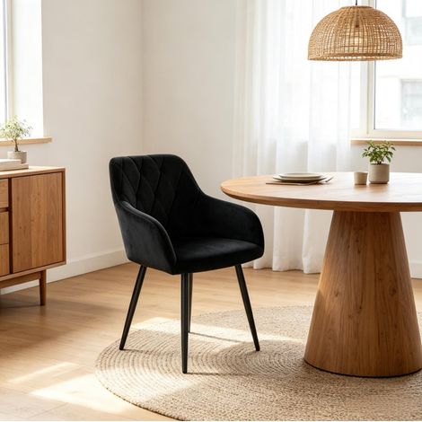 Sedia da pranzo imbottita in velluto nero con braccioli e gambe in metallo OKWISH (1/5)