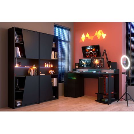 Pack muebles gaming con LED incluido color negro estilo moderno (mesa gamer + 2 estanterías)