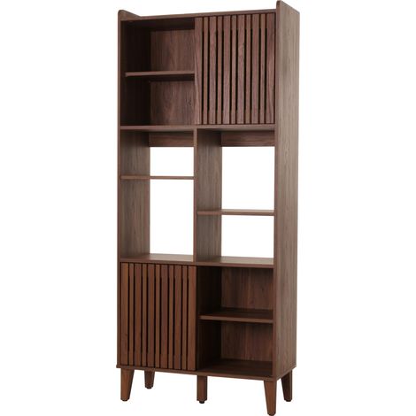 Libreria HHG-425, a colonna, anta scorrevole 8 vani portaoggetti in legno massello di mango MDF 178x75x35cm, color noce (1/5)