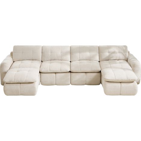 Sofá modular en U de 4 plazas en chenilla beige, sin montaje, con 2 pufs (1/5)