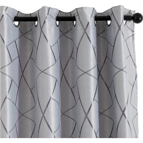 Paire de rideaux gris occultants, motif géométrique argenté, pour salon, chambre, bureau, balcon, porte, fenêtre, 2 panneaux avec œillets (gris et argenté, 140 x 280 cm) Gris et Argent. (1/5)