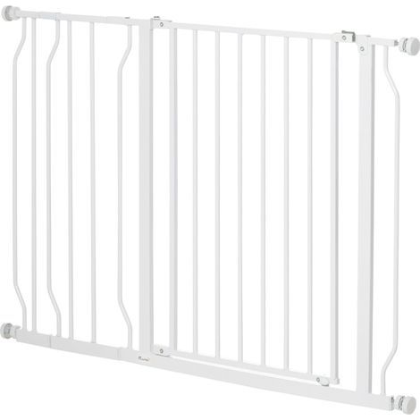 Barrière pour chien avec fixation par pince, longueur réglable de 75 à 115 cm × hauteur 76 cm, en acier et ABS, couleur blanche (1/5)