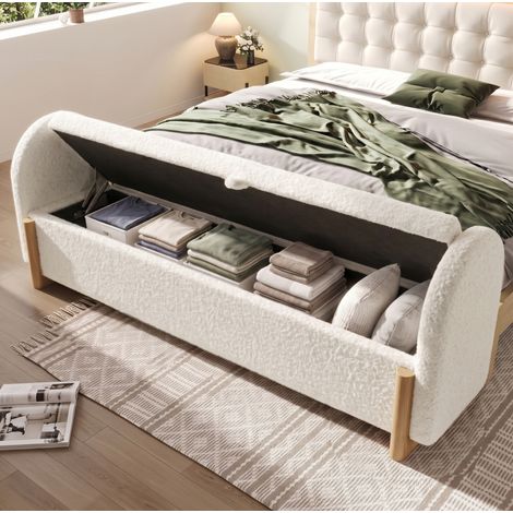 Banc de coffre 146 cm avec rangement hydraulique, bouclé chenille blanc, pieds en bois massif, 150 kg (1/5)