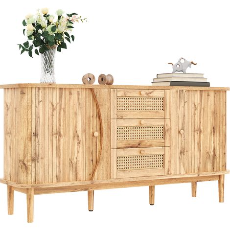 Buffet en rotin avec portes coulissantes, 140,5 cm, meuble de rangement couleur bois naturel pour salon et salle à manger (1/5)