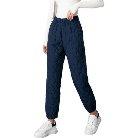 Pantalon de jogging matelassé en coton taille haute pour femme, style jogging, hiver, bouffant, taille haute, motif losanges-XL-Navy blue (1/5)