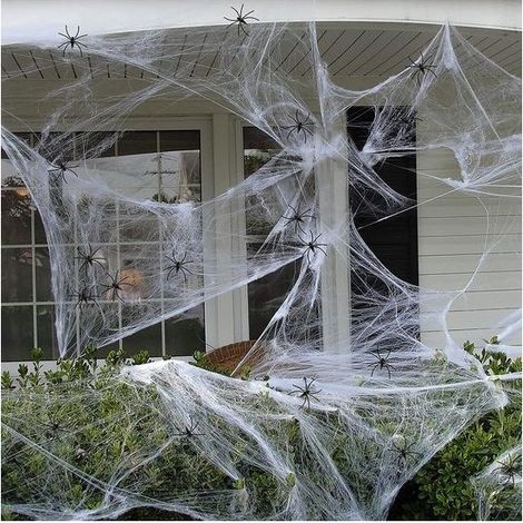 Toile d'araignée décorative - 12 m² - Avec 6 araignées - Décoration Halloween intérieure et extérieure - À suspendre (1/5)
