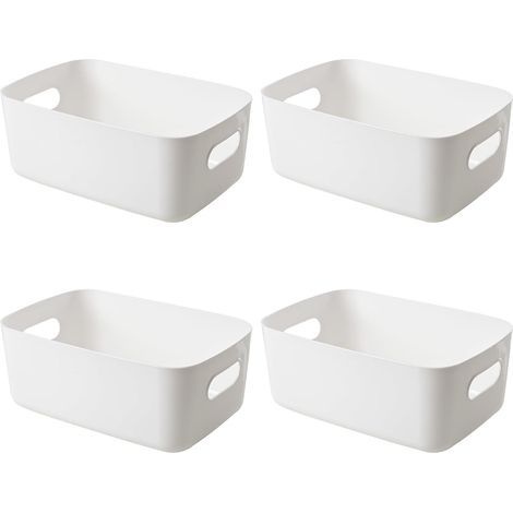 Lntyq Bac Rangement Plastique, 4pcs Panier Plastique Rangement, Durable, Robuste, Avec Poignées des Deux Côtés, Panier de Rangement Plastique pour Cuisine,Salle de Bain,Chambre D'enfant, Placard(Blanc (1/5)