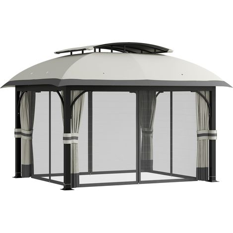 Gazebo da Giardino 395x330x294 cm con Zanzariere e Doppio Tetto in Metallo e Poliestere Grigio Chiaro (1/5)
