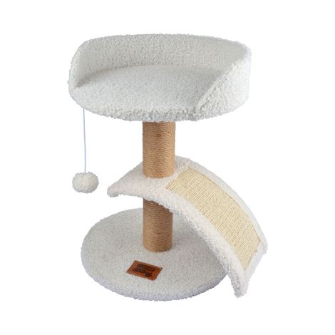 Arbre à chats en tissu à bouclettes avec jouet et griffoir - Blanc - H 40 x D 30 cm - Gamme Wooly - Livraison gratuite (1/5)