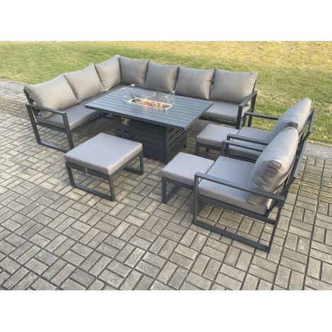 Fimous Aluminium 10 Pieces Garden Furniture Corner Sofa Set with Cushions Gas Fire Pit Dining Table Set with 2 Chairs 3 Footstools Dark Grey (1/5)