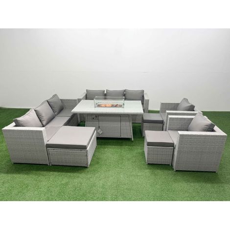 Fimous 11 Seat PE Rattan Lounge Sofa Set Outdoor Garden Furniture Set with Firepit Dining Table 3 Seater Sofa 3 Footstools Light Grey (1/5)