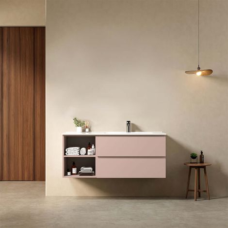 Mobile bagno sospeso 120 cm Rosa Retro Lavabo a Destra in Ceramica Senza Specchio - Fiji Paint Plus (1/4)