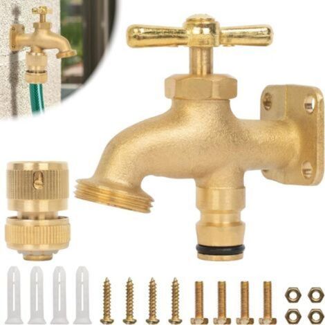 Robinet de tuyau en laiton massif – Kit de robinet extérieur avec robinet à bavette, connecteur rapide de 1,2 cm, vis et chevilles – Robinet n'importe où pour un accès pratique à l'eau