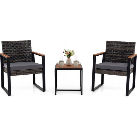 Salon de Jardin Exterieur 2 Personnes, 2 Fauteuils en Rotin PE&Acier avec Table Basse à Plateau en Bois Composite, pour Balcon, Terrasse, Gris (1/5)
