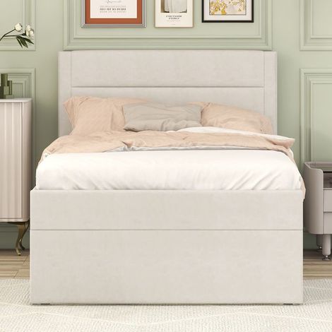 Lit simple - KOMHTOM - Modèle 90x200 - Cadre métallique - Sommier à lattes inclus - Rangement sous lit (1/5)