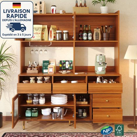 Buffet 145x39x171 cm, 4 portes vitrées et 2 tiroirs, porte-verres, meuble haut, buffet, commode, MDF, marron (1/5)