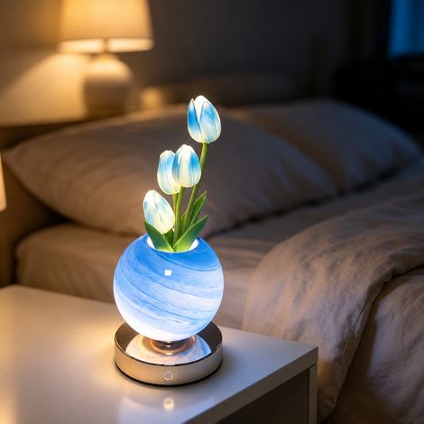 Veilleuse LED Tulipe Planète Lampe de Chevet Décorative Bleu Rechargeable 12 × 12 × 30 cm 850 g – Livraison gratuite