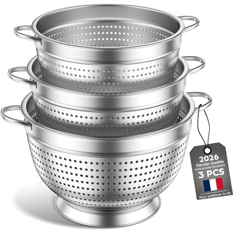3 Pièces Passoire Inox Tamis Cuisine, 20/24/26cm Passoire-égouttoir métallique pour évier avec poignée – Passoires à mailles fines pour le lavage des pâtes, légumes, fruits et riz (Trois paquets) (1/5)