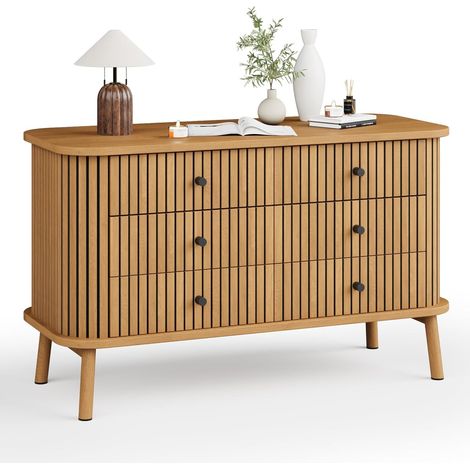 Commode Boho 6 Tiroirs - Buffet Effet Bambou Bois Naturel et Poignées Noires - 97 x 40 x 65 cm (1/5)
