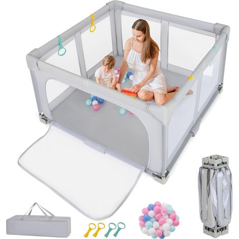 COSTWAY Box per Bambini 127 x 127 cm, Recinto per Bambini Pieghevole in Tessuto Oxford con Rete Traspirante, Box con Giochi che Include 50 Palline, 4 Pezzi Anelli e Borsa (Grigio, 127 x 127 cm) (1/5)