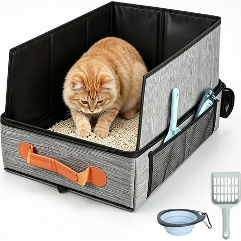 Bac A Litiere De Voyage, Bac À Litière Portable Avec Pelle Et Bol, 50x40x28cm Pliable Et Étanche Litière Portable Pour Chat, Fermeture Éclair, Caisse Chat Litiere Et Portables Pour Voyage,Camping,Gris (1/5)