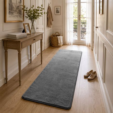 Tapis de salon poils ras doux antiderapant 60x180cm uni anthracite (1/5)