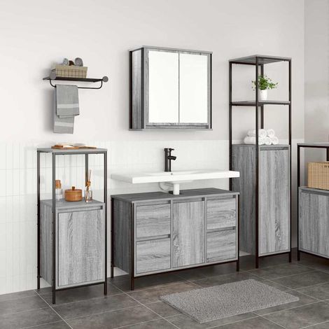 Badezimmermöbel Set mit Regal 3 pcs Grau Sonoma und Schwarz