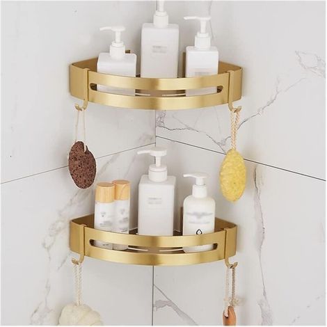 Étagères flottantes d'angle pour salle de bain - Étagère murale en aluminium brossé doré pour shampooing, cosmétiques, gel douche - brossé or 2 pieces