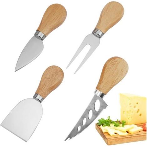 Couteau à Fromage - Inox - Manche en Bois - Tranchant Durable - Set de 4 Pièces - Utilisation Facile (1/4)