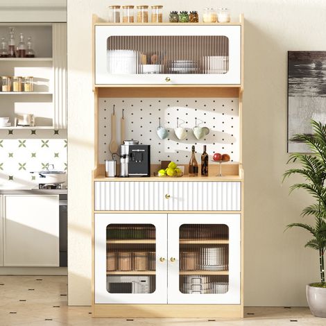Buffet haut avec étagères réglables et tiroirs, meuble de cuisine avec éclairage LED et verre strié, idéal pour salle à manger, salon et cuisine (naturel) (1/5)