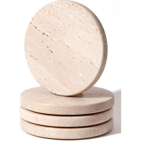 Lot de 4 sous-verres imitation marbre – Dessous de verre – Sous-verres résistants à la chaleur – 10 × 1,2 × 1,2 cm – Beige – Travertin (1/5)