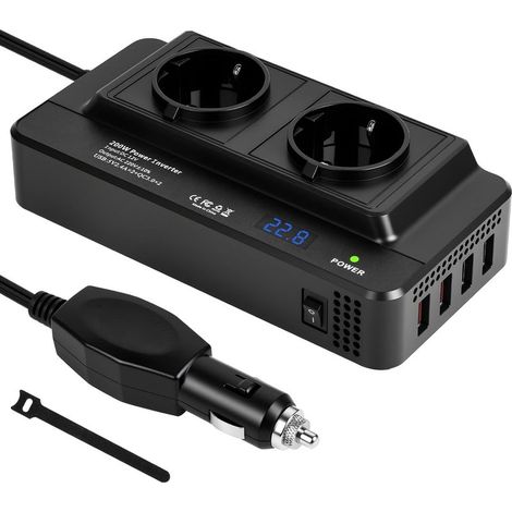 12V DC auf 230V AC 200W Wechselrichter, Zigarettenanzünder-Spannungswandler mit 2 EU-Wechselstromsteckdosen und 4 USB-Anschlüssen, digitales LCD-Display, Auto-/Wohnmobil-Ladegerät mit Mehrfachschutzfu (1/5)
