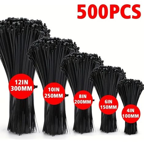 Colliers de serrage en nylon noir - 5 tailles - Autobloquants - Lot de 500 pièces (1/4)